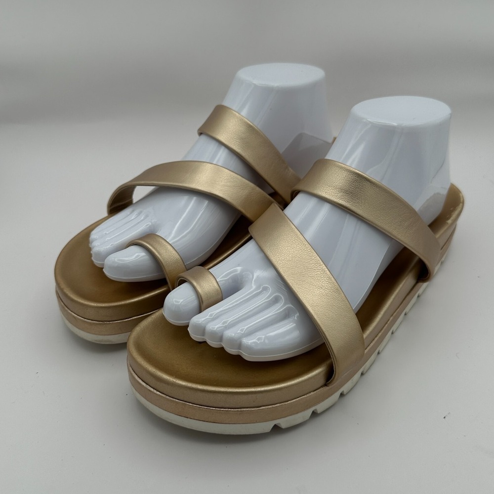 J/Slides Rihanna One Toe Flat Sandals Womens Size 9M Gold Comfort Beach Summer